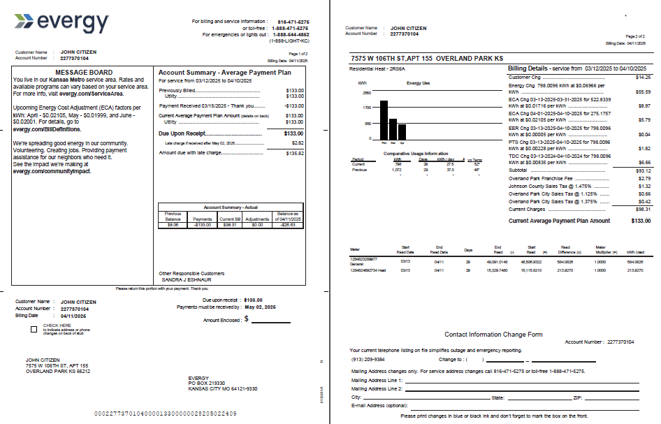 USA Evergy utility bill template in Word and PDF formats, 2 pages, version 2